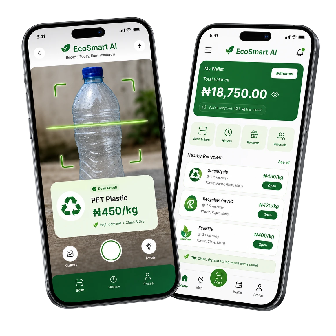 EcoSmart AI mobile app showing AI waste scanning and recycler earnings