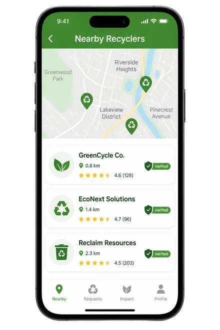 EcoSmart AI app showing nearby verified recyclers